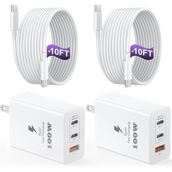 2-Pack 100W GaN USB-C Charger with 10ft Cable