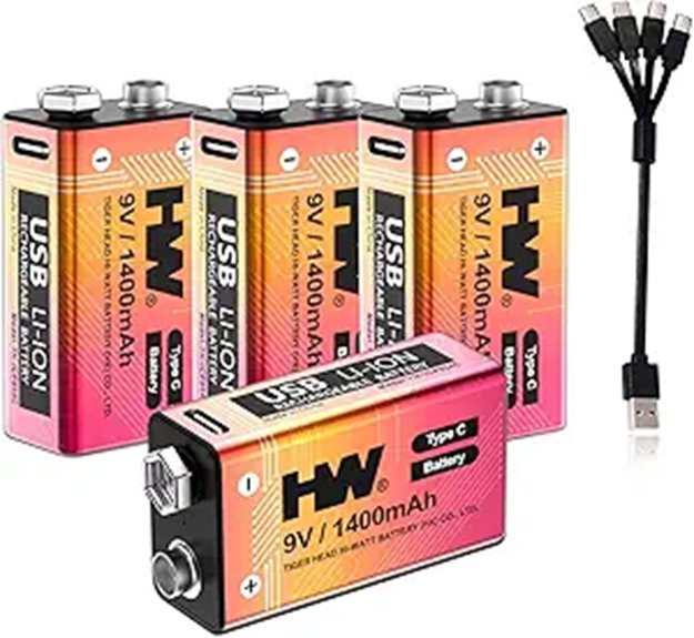 HW 9V Rechargeable Batteries 4 Pack with USB-C Charger
